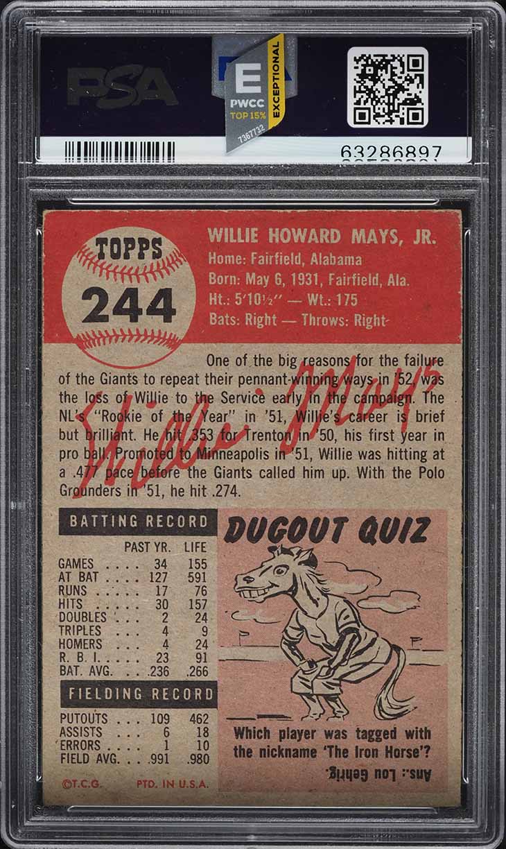 1953 Topps Willie Mays SHORT PRINT #244 PSA 4 VGEX