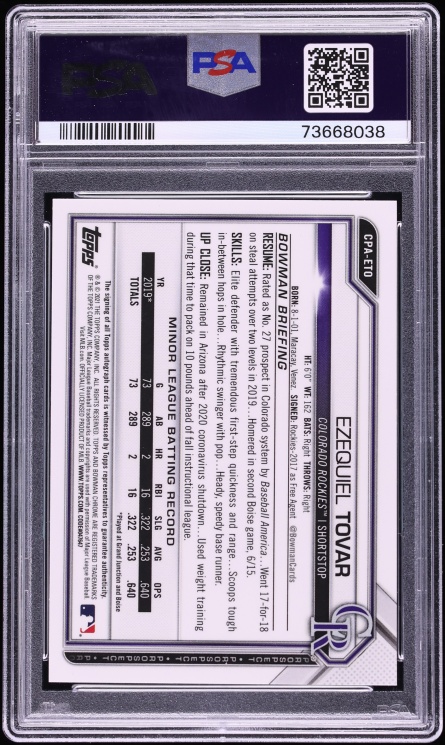 2021 Bowman Chrome Ezequiel Tovar PROSPECT AUTO #CPA-ETO PSA 10 GEM MINT