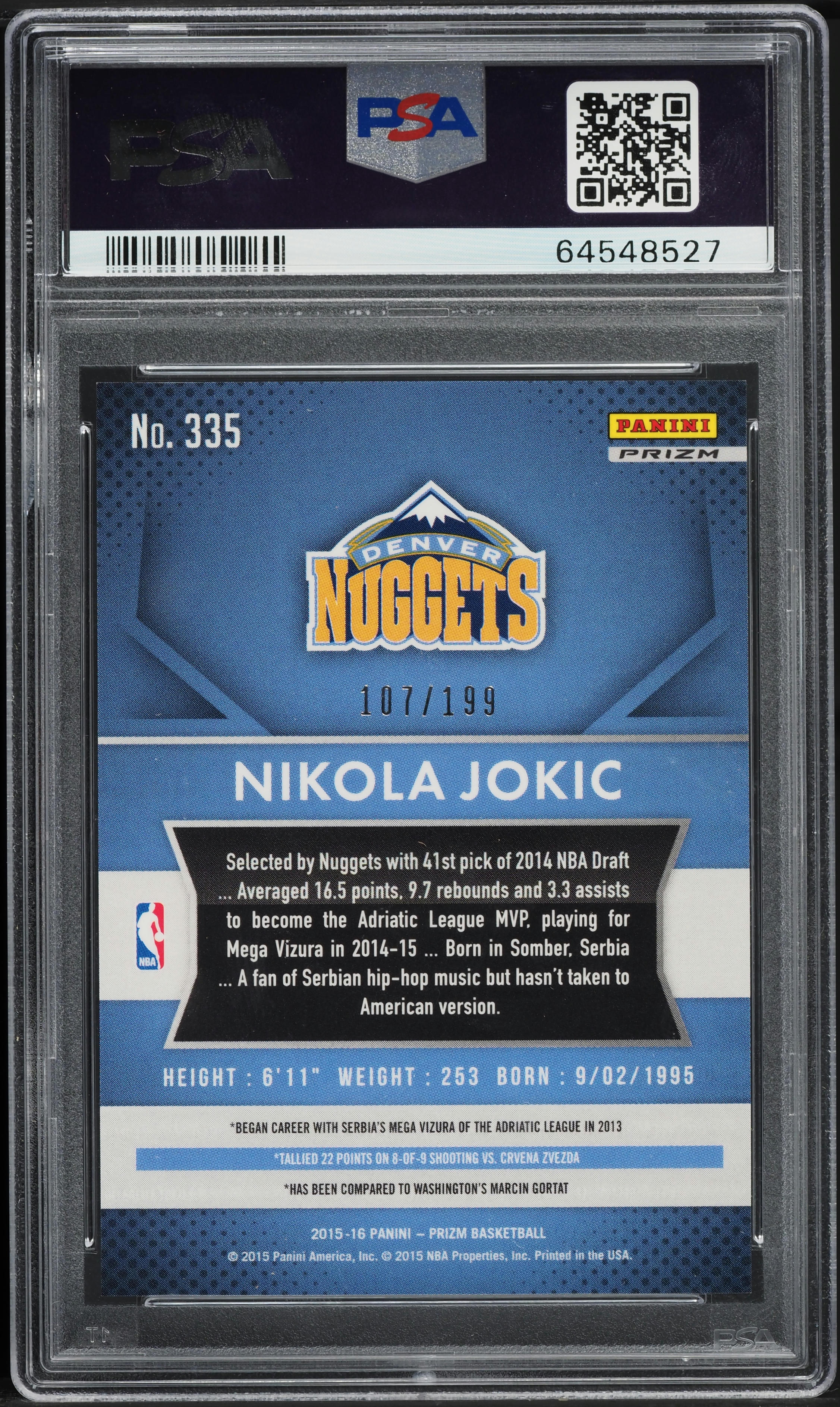 2015 Panini Prizm Light Blue Nikola Jokic ROOKIE /199 #335 PSA 9 MINT - Photo 2