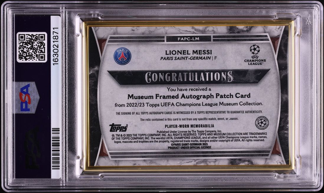 2022 Topps Museum Collection UCL Framed Lionel Messi PATCH AUTO DNA 10 1/1 #LM PSA 9 MINT