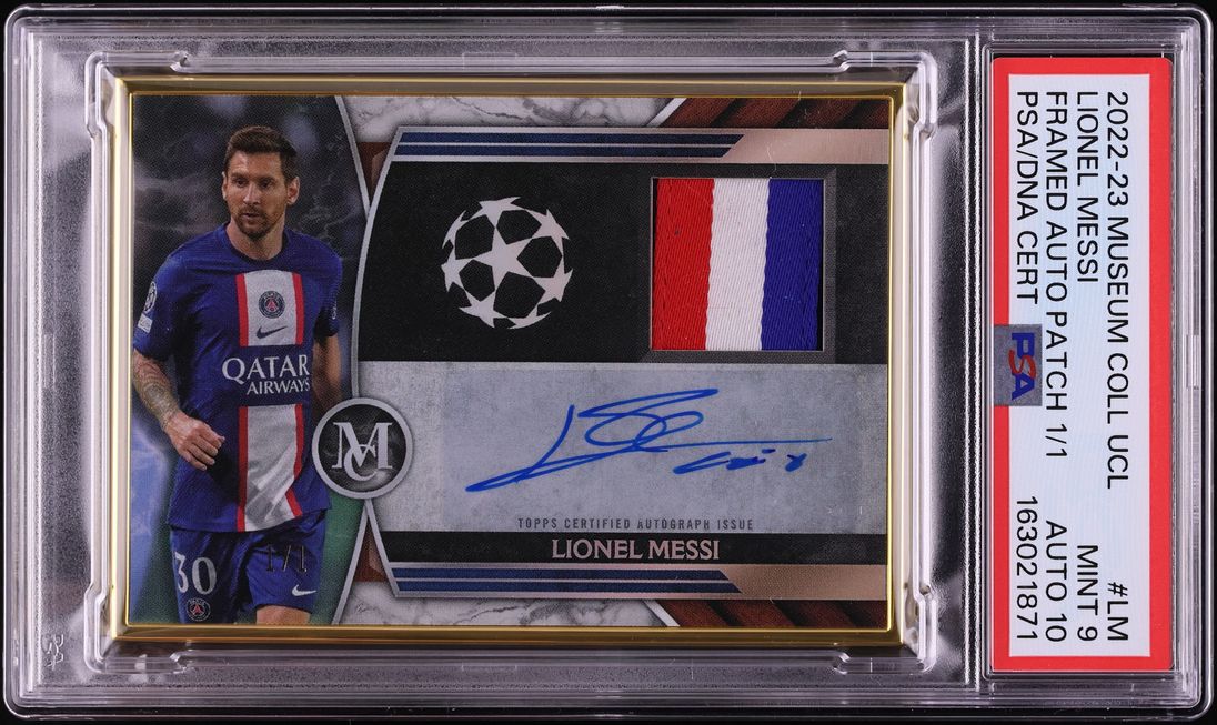 2022 Topps Museum Collection UCL Framed Lionel Messi PATCH AUTO DNA 10 1/1 #LM PSA 9 MINT