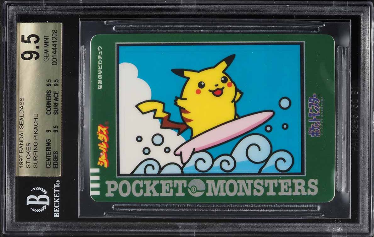 1997 Pokemon Japanese Bandai Sealdass Sticker Surfing Pikachu BGS 9.5 GEM MINT