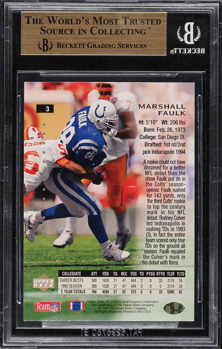1994 SP Foil Marshall Faulk ROOKIE #3 BGS 9.5 GEM MINT