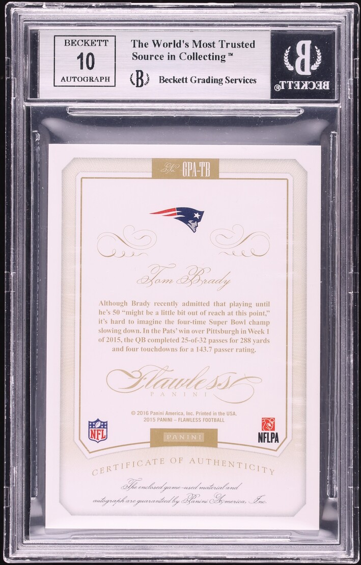 2015 Panini Flawless Greats Blue Tom Brady PATCH AUTO /20 #GPA-TB BGS 9 MINT - Photo 2