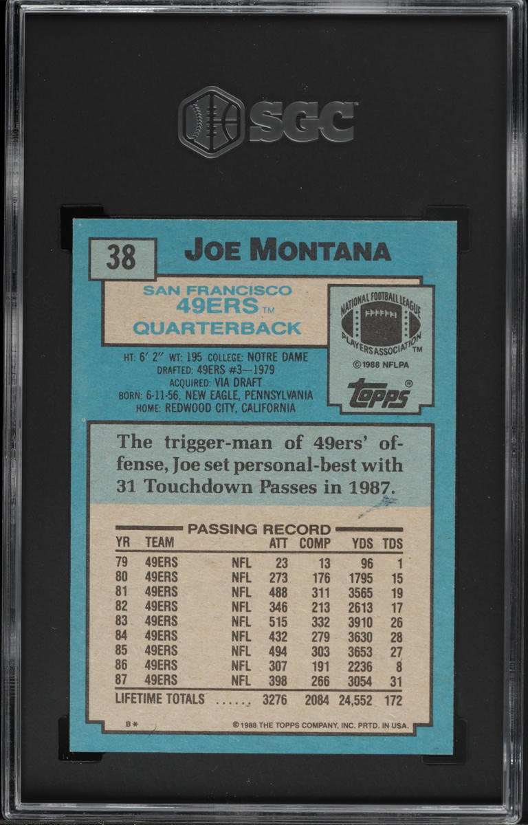 1988 Topps Football Joe Montana #38 SGC 9 MINT