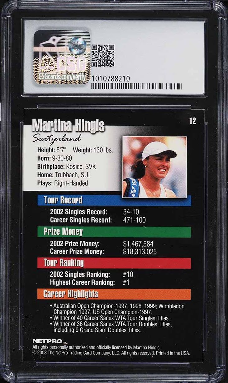2003 Netpro Tennis Martina Hingis #12 CSG 9 MINT