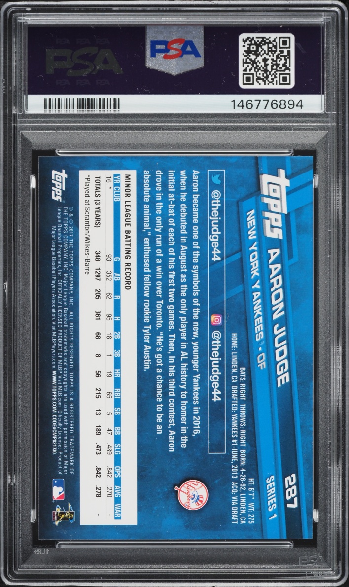 2017 Topps Aaron Judge ROOKIE #287 PSA 10 GEM MINT