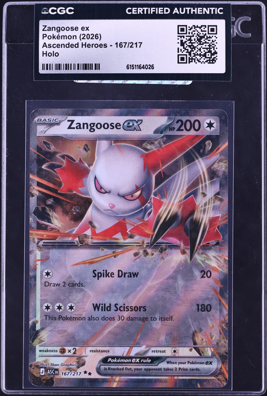 2026 Pokemon Mega Evolution Ascended Heroes Holo Zangoose EX #167 CGC AUTH