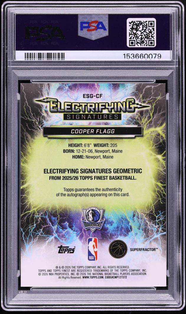 2025 Finest Electrifying Superfractor Cooper Flagg ROOKIE AUTO DNA 10 1/1 #ESG-CF PSA 8 NM-MT