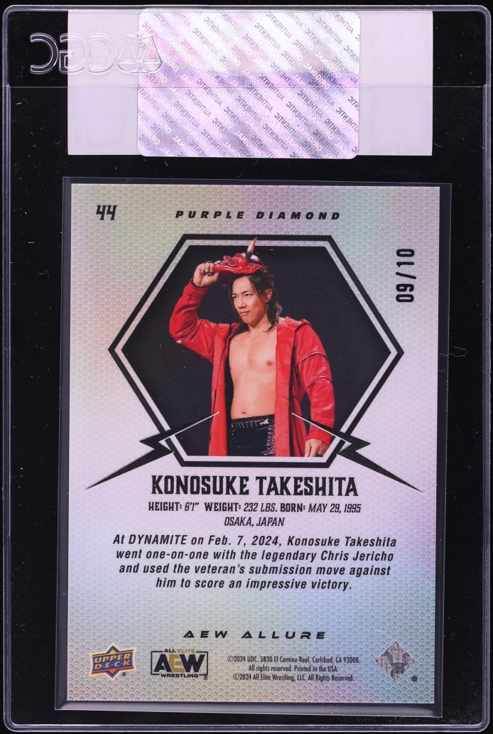 2024 Upper Deck Allure AEW Purple Diamond Konosuke Takeshita /10 #44 CGC AUTH - Photo 2