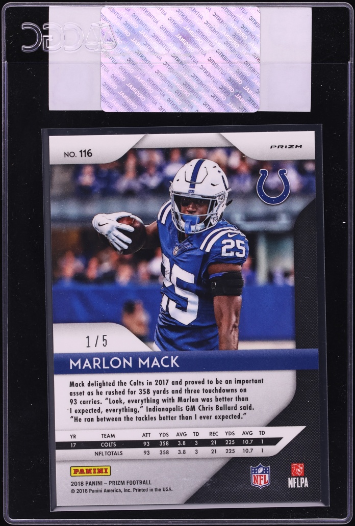 2018 Panini Prizm Gold Vinyl Marlon Mack 1/5 #116 CGC AUTH - Photo 2