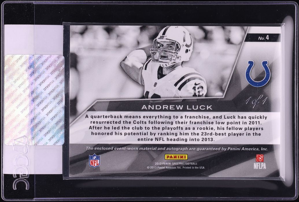 2013 Panini Spectra Materials Atomic Black Andrew Luck PATCH AUTO 1/1 #4 CGC AUTH - Photo 2