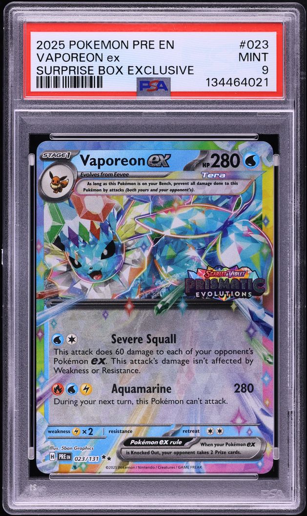 2025 Pokemon Scarlet & Violet Prismatic Evolutions Surprise Box Vaporeon Ex #23 PSA 9 MINT