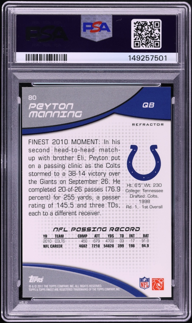 2011 Finest Mosaic Refractor Peyton Manning /10 #80 PSA 10 GEM MINT