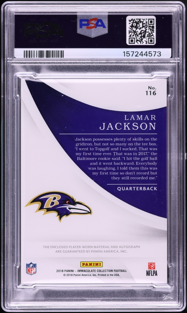 2018 Immaculate Collection Lamar Jackson ROOKIE PATCH AUTO /99 #116 PSA 9 MINT