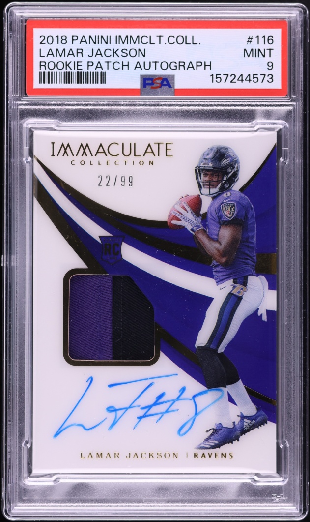 2018 Immaculate Collection Lamar Jackson ROOKIE PATCH AUTO /99 #116 PSA 9 MINT