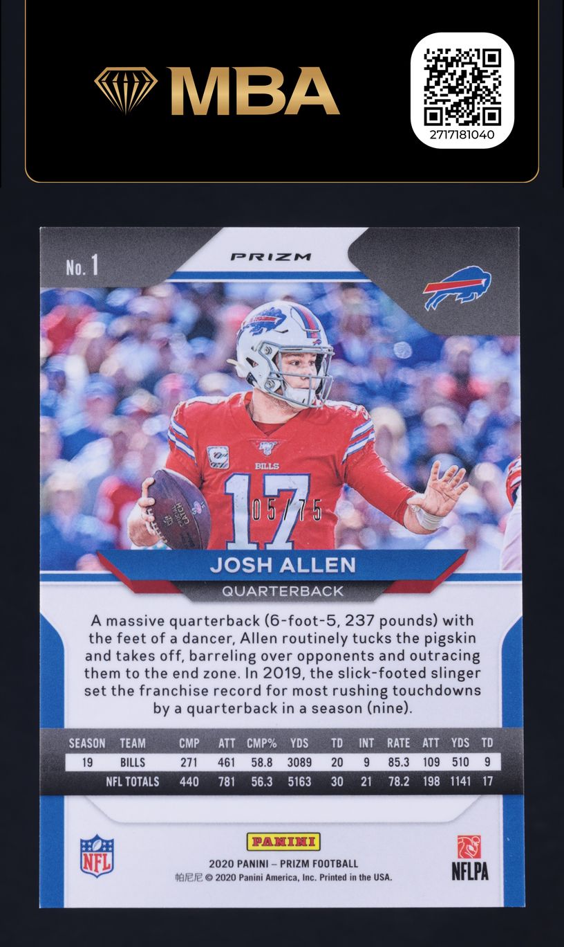 2020 Panini Prizm Green Scope Josh Allen /75 #1 MBA AUTH