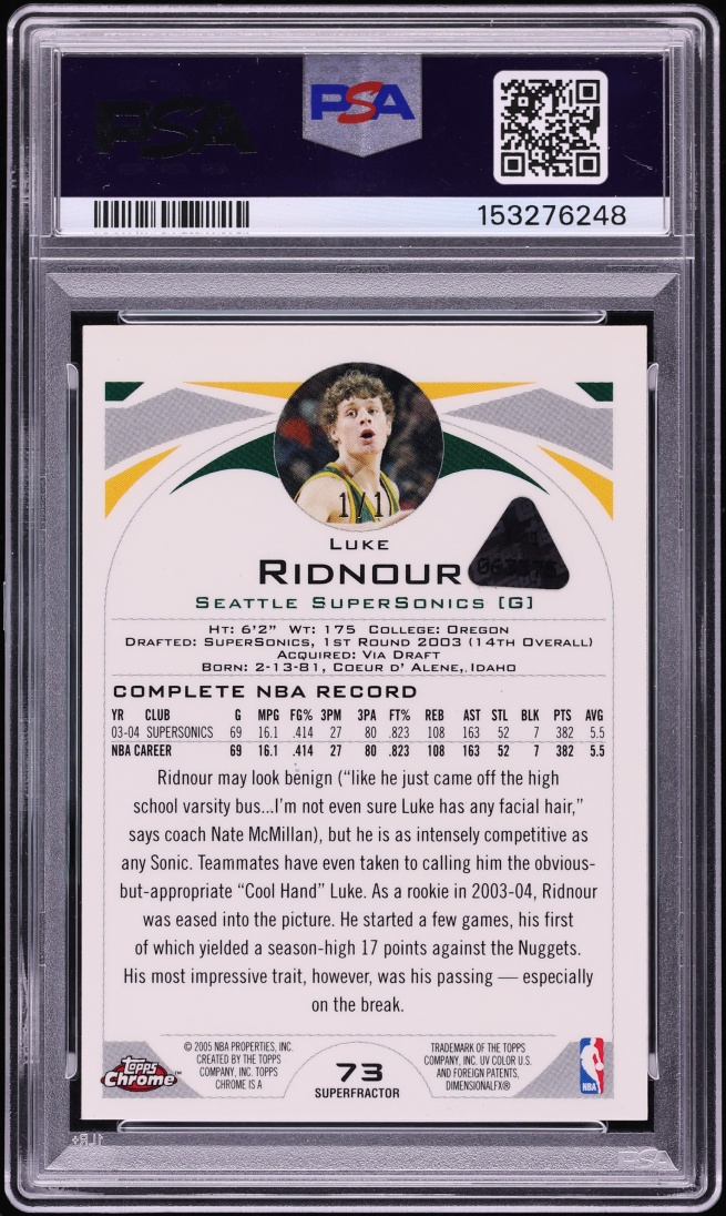 2004 Topps Chrome Superfractor Luke Ridnour 1/1 #73 PSA 9 MINT