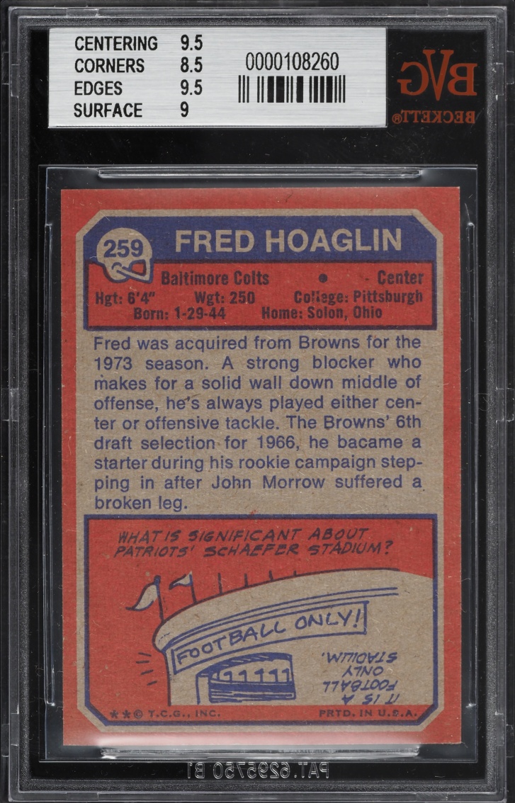 1973 Topps Football Fred Hoaglin #259 BVG 9 MINT