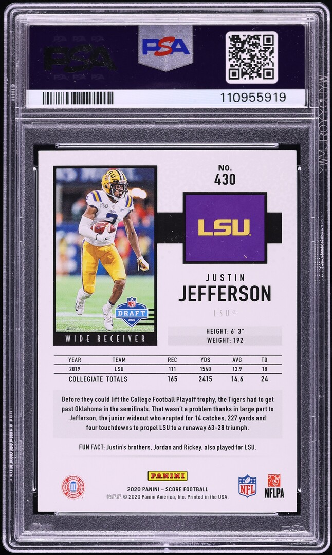 2020 Score Football Justin Jefferson ROOKIE #430 PSA 9 MINT