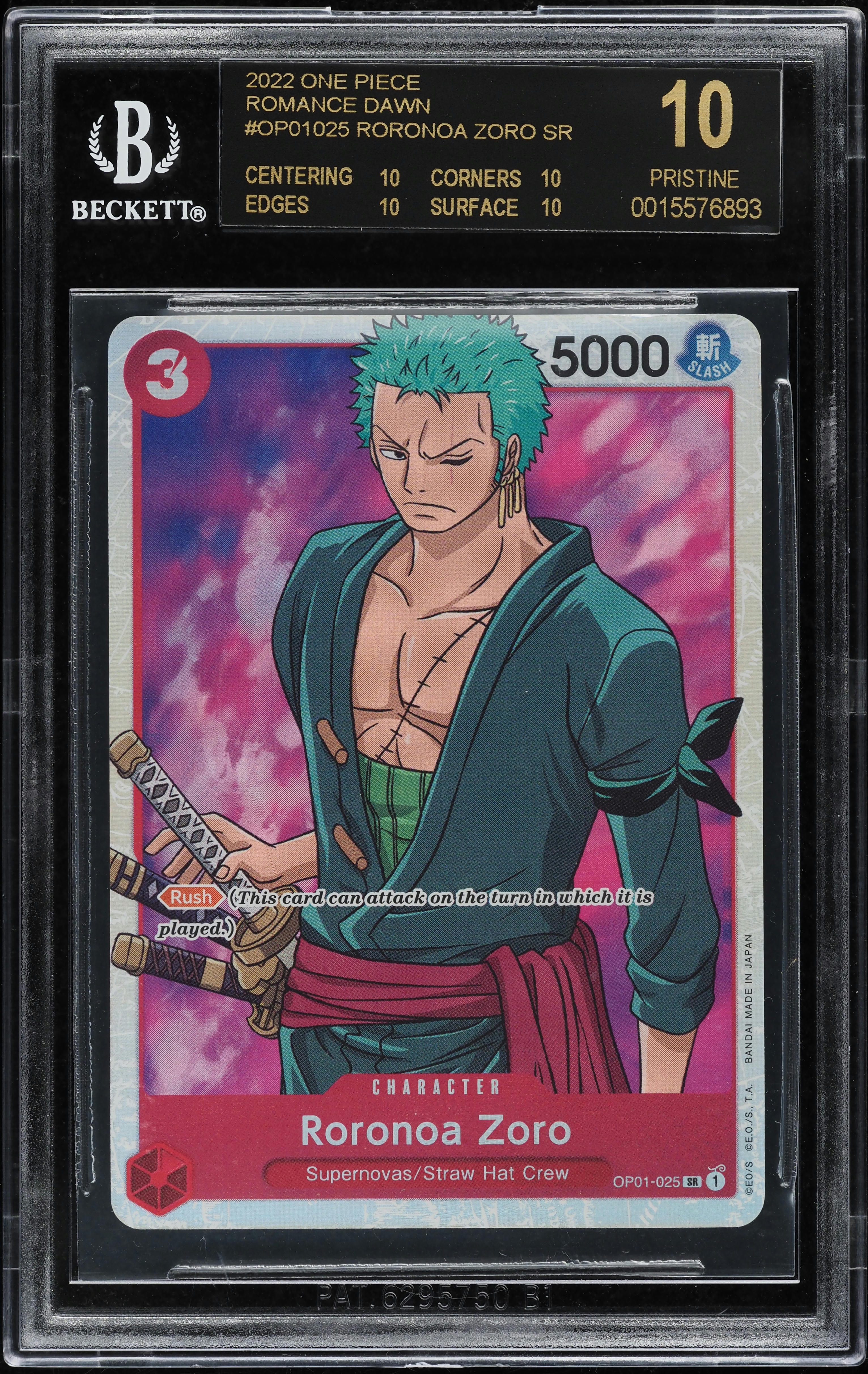2022 One Piece Romance Dawn Roronoa Zoro #OP01-025 BGS 10 PRISTINE, BLACK LABEL - Main Image