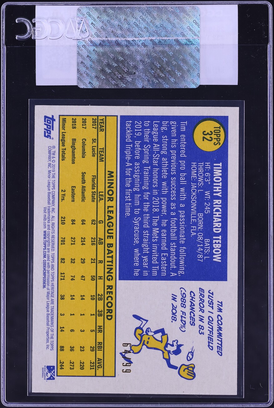 2019 Topps Heritage Minor League Blue Border Tim Tebow PROSPECT #32 CGC AUTH