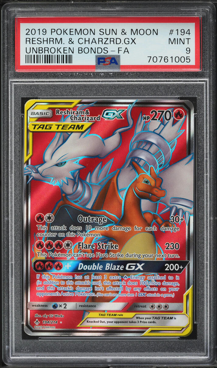 2019 Pokemon SM Unbroken Bonds Full Art Reshiram & Charizard GX #194 PSA 9 MINT