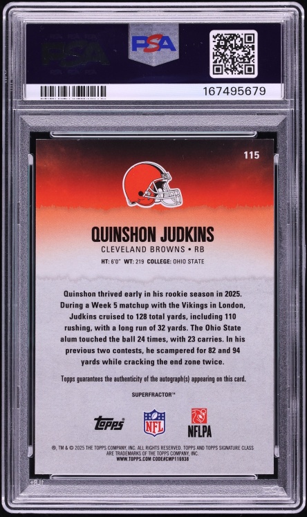2025 Topps Signature Class Chrome Superfractor Quinshon Judkins ROOKIE AUTO 1/1 PSA 8 NM-MT - Photo 2