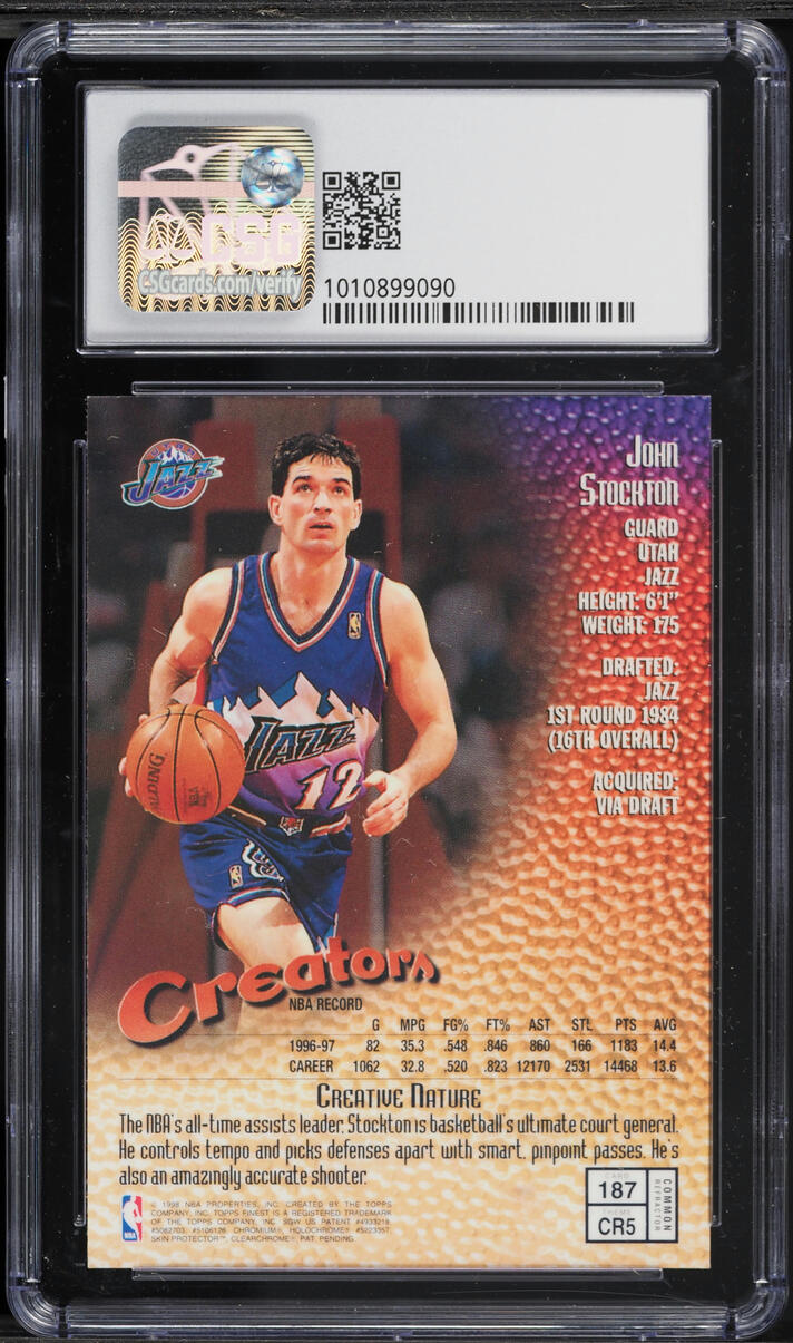 1997 Finest Refractor w/ Coating John Stockton #187 CSG 8 NM-MT