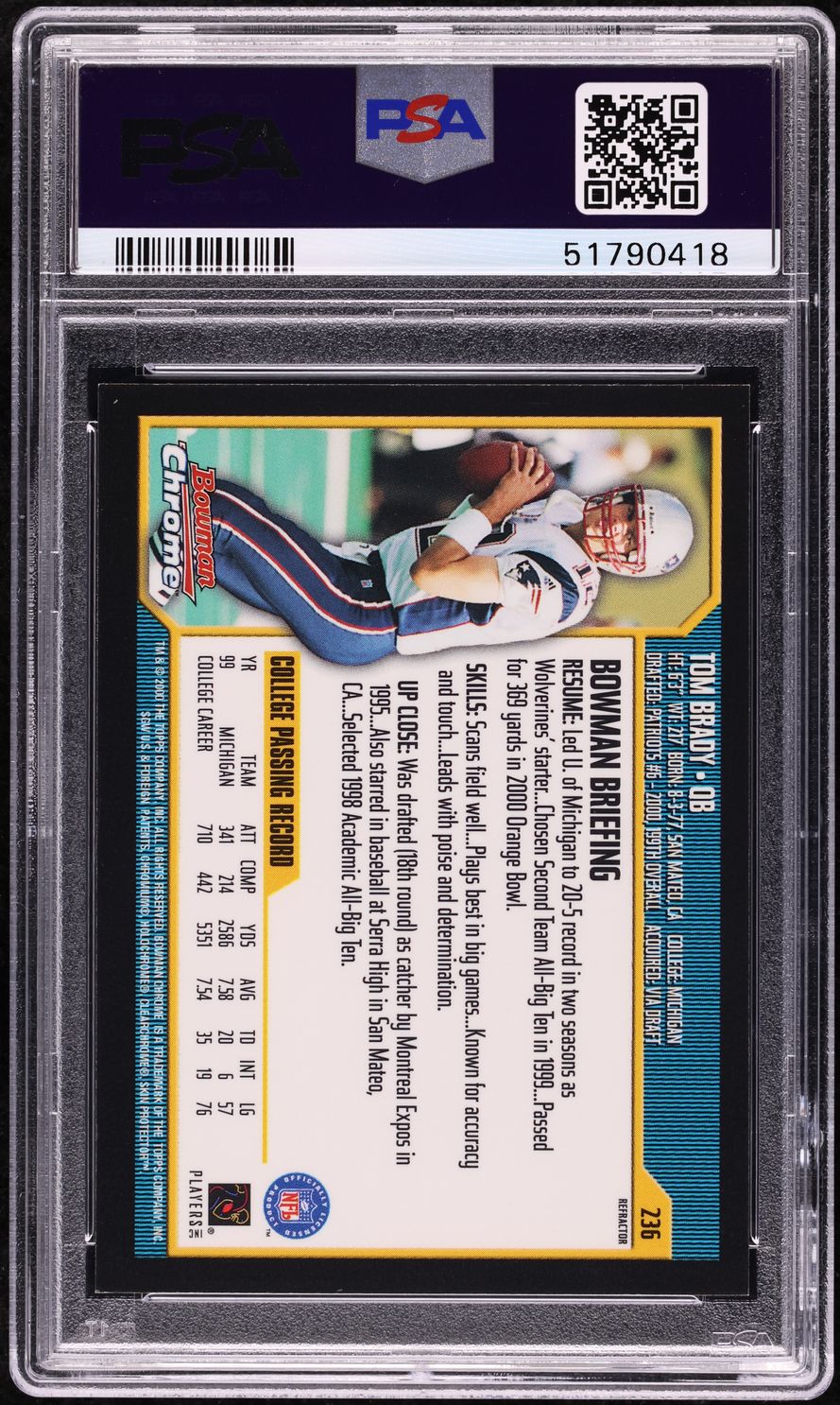 2000 Bowman Chrome Refractor Tom Brady ROOKIE #236 PSA 8 NM-MT