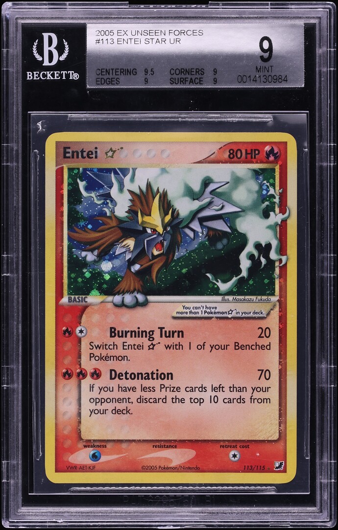 2005 Pokemon EX Unseen Forces Holo Entei Gold Star #113 BGS 9 MINT