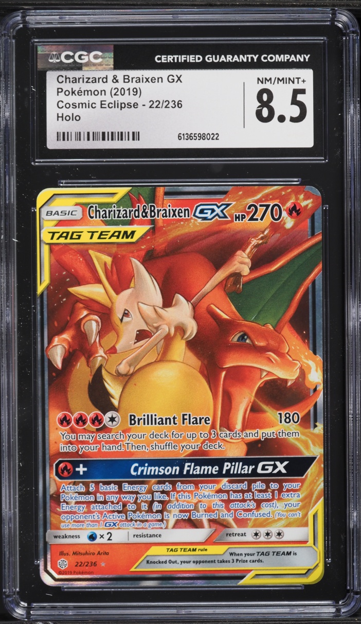 2019 Pokemon Sun & Moon Cosmic Eclipse Charizard & Braixen GX #22 CGC 8.5 NM-MT+