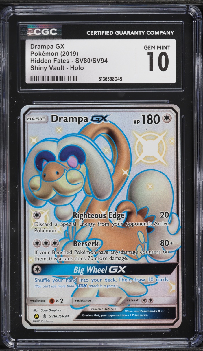 2019 Pokemon Sun & Moon Hidden Fates Shiny Vault Full Art Drampa GX #SV80 CGC 10 GEM MINT