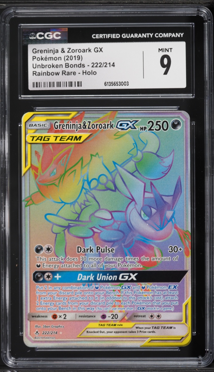 2019 Pokemon Sun & Moon Unbroken Bonds Rainbow Rare Greninja & Zoroark GX #222 CGC 9 MINT