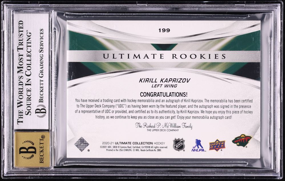2020 Ultimate Collection Kirill Kaprizov ROOKIE NHL SHIELD PATCH AUTO 1/1 #199 BGS 8.5 NM-MT+