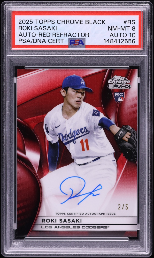 2025 Topps Chrome Black Red Refractor Roki Sasaki ROOKIE AUTO DNA 10 /5 #CBA-RS PSA 8 NM-MT