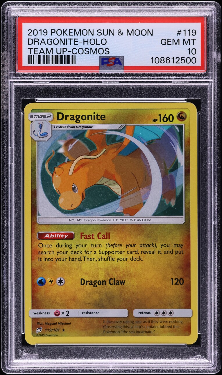 2019 Pokemon Sun & Moon Team Up Cosmos Holo Dragonite #119 PSA 10 GEM MINT