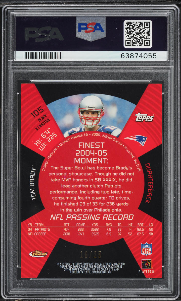 2005 Finest Black Xfractor Tom Brady /25 #105 PSA 10 GEM MINT