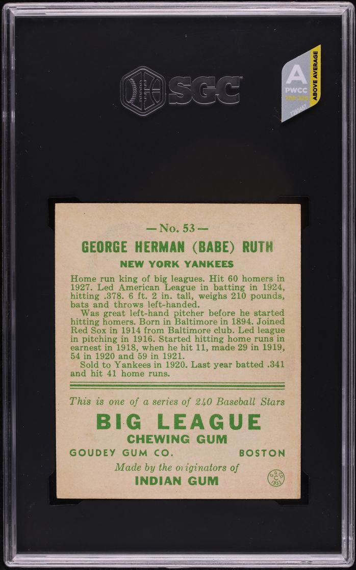 1933 Goudey Babe Ruth #53 SGC 8 NM-MT (PWCC-A)