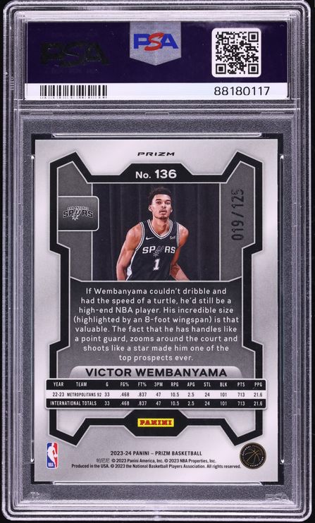 2023 Panini Prizm Blue Ice Victor Wembanyama ROOKIE /125 #136 PSA 10 GEM MINT