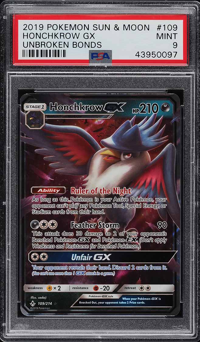 2019 Pokemon Sun & Moon Unbroken Bonds Honchkrow GX #109 PSA 9 MINT