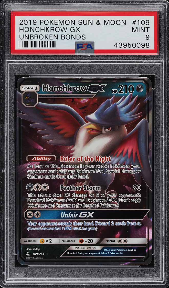 2019 Pokemon Sun & Moon Unbroken Bonds Honchkrow GX #109 PSA 9 MINT