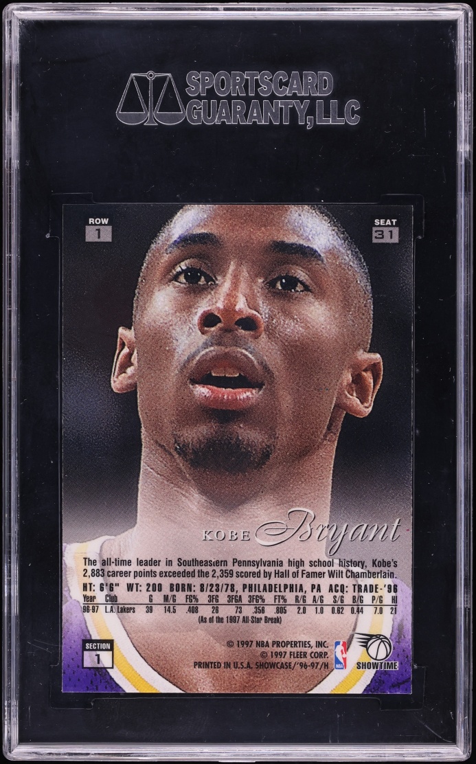 1996 Flair Showcase Row 1 Kobe Bryant ROOKIE #31 SGC 10 GEM MINT
