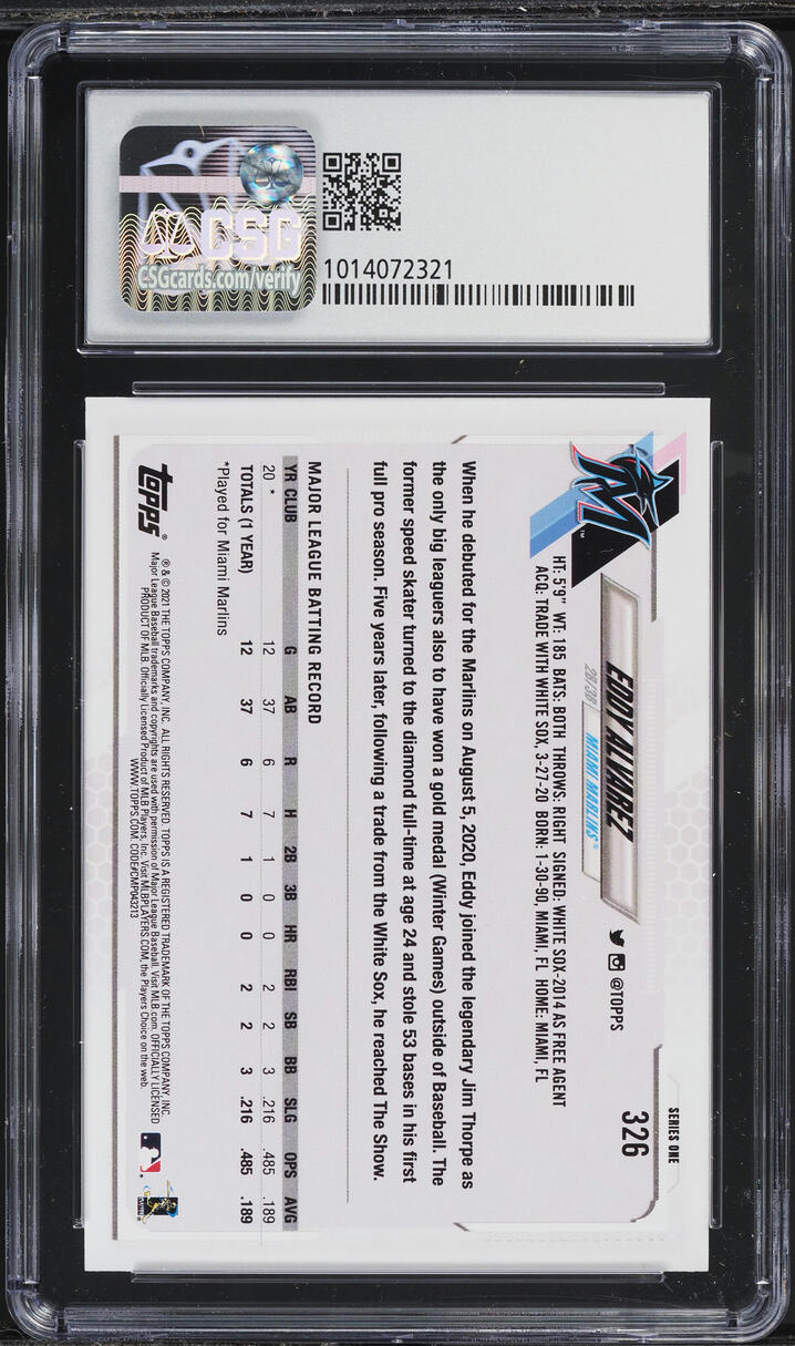 2021 Topps Eddy Alvarez ROOKIE #326 CSG 9.5 GEM MINT