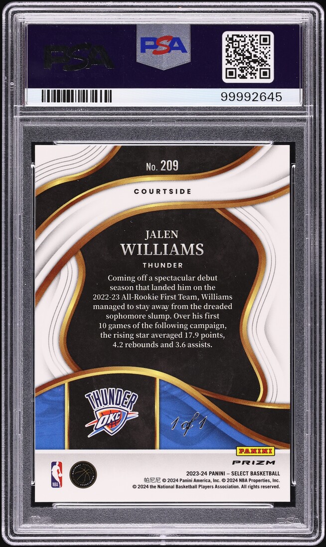 2023 Select Courtside Black Disco Jalen Williams 1/1 #209 PSA 10 GEM MINT