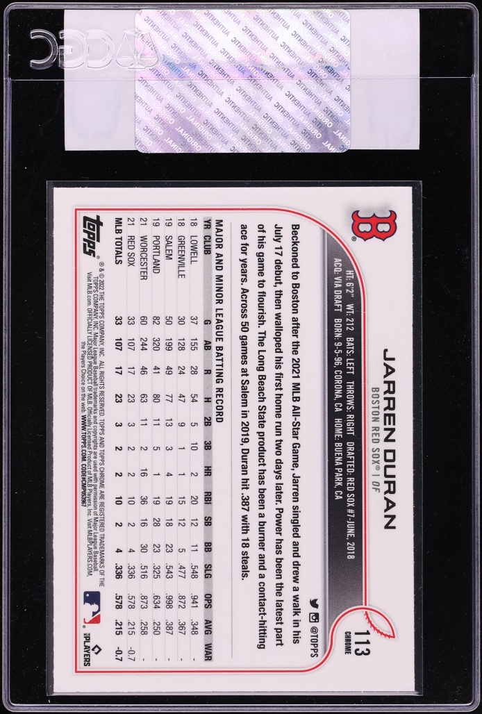 2022 Topps Chrome Jarren Duran ROOKIE #113 CGC AUTH