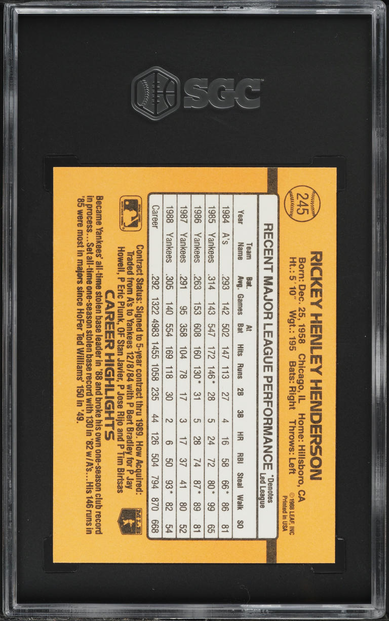 1989 Donruss Rickey Henderson #245 SGC 9 MINT