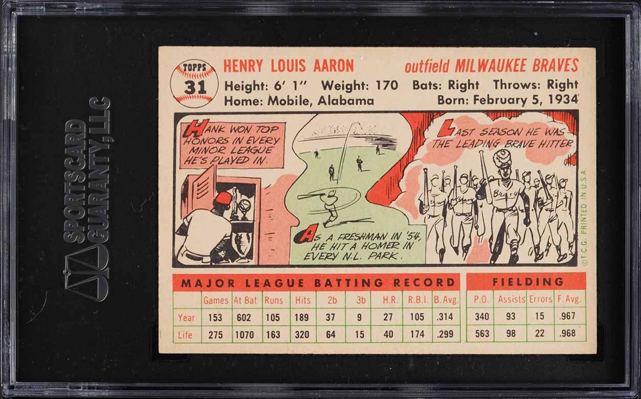 1956 Topps Hank Aaron WHITE BACK #31 SGC 8 NM-MT