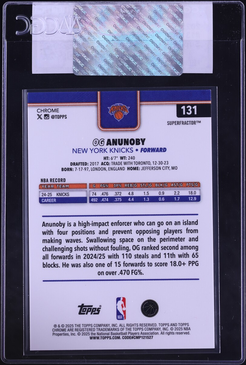 2025 Topps Chrome Superfractor OG Anunoby 1/1 #131 CGC AUTH