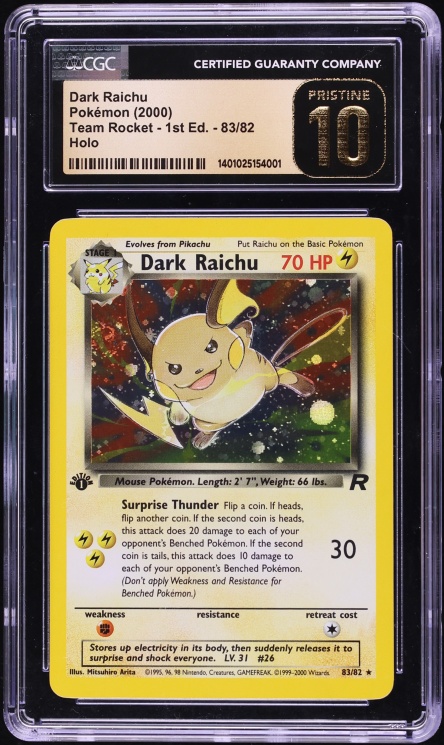 2000 Pokemon Team Rocket 1st Edition Holo Dark Raichu #83 CGC 10 PRISTINE